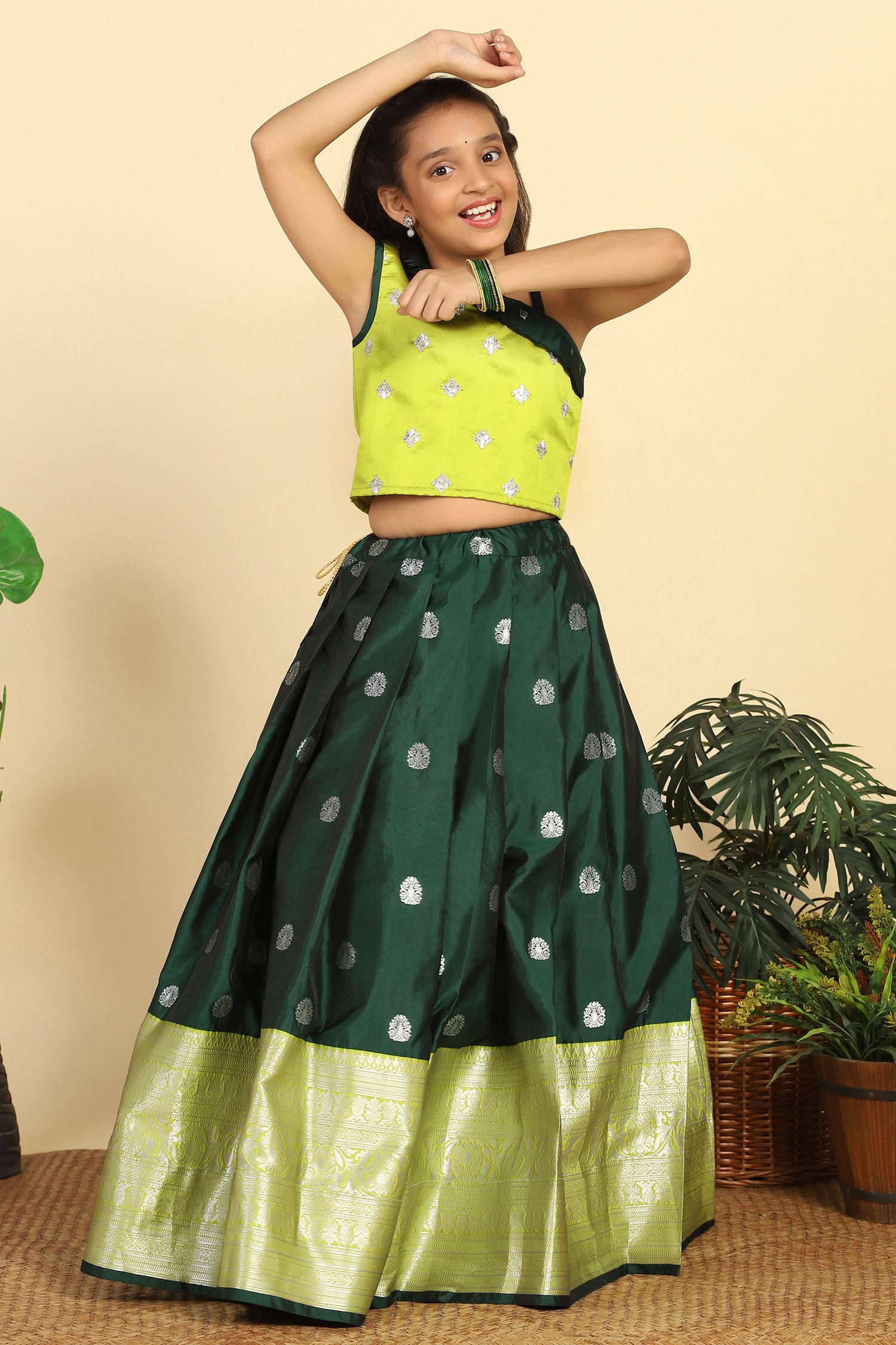 Girl's Green Jacquard Work One Shoulder Lehenga Choli Set - Fashion Dream