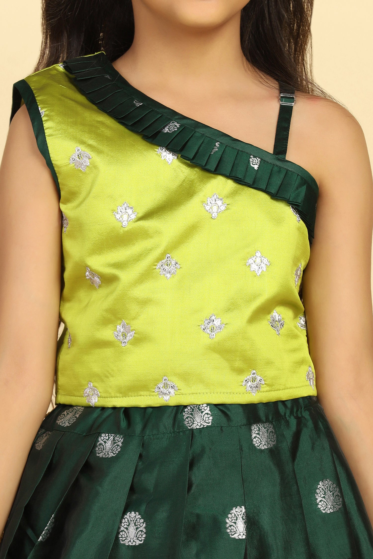 Girl's Green Jacquard Work One Shoulder Lehenga Choli Set - Fashion Dream