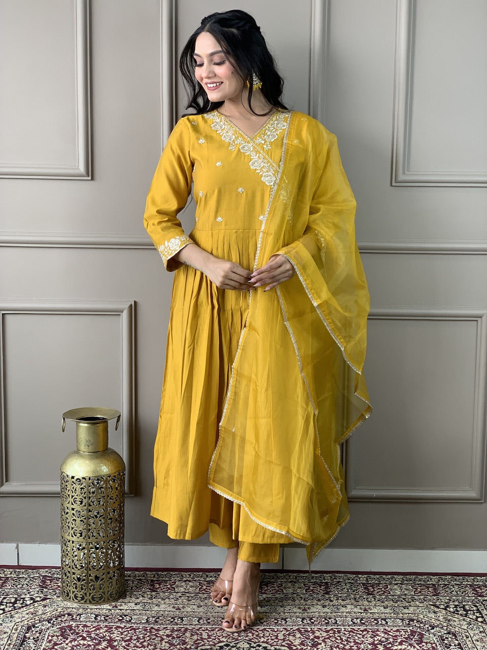 Women's V Neck Embroidered Work Chanderi Cotton Fabric Kurta & Pant With Dupatta Set - Taantav