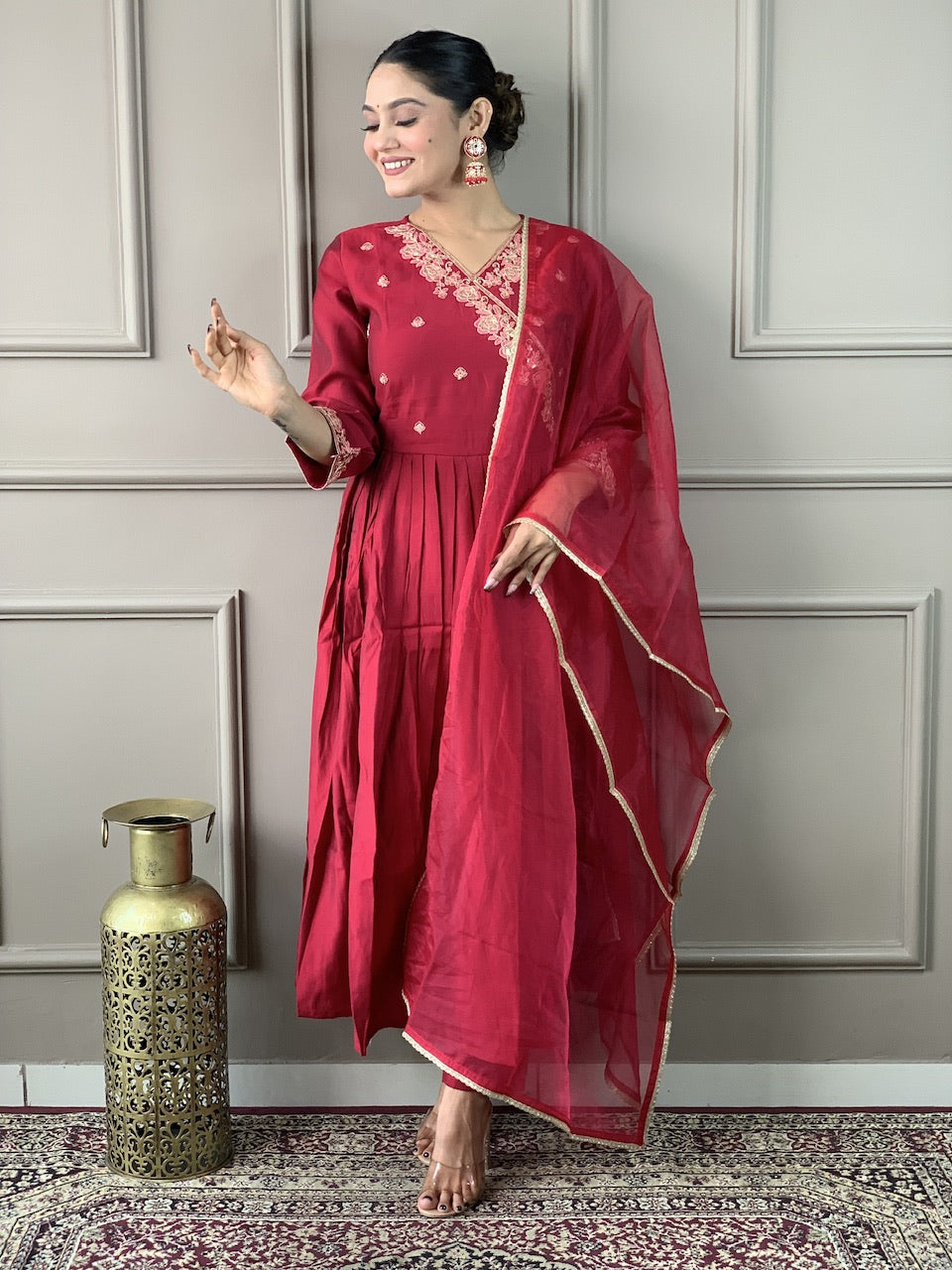 Women's V Neck Embroidered Work Chanderi Cotton Fabric Kurta & Pant With Dupatta Set - Taantav