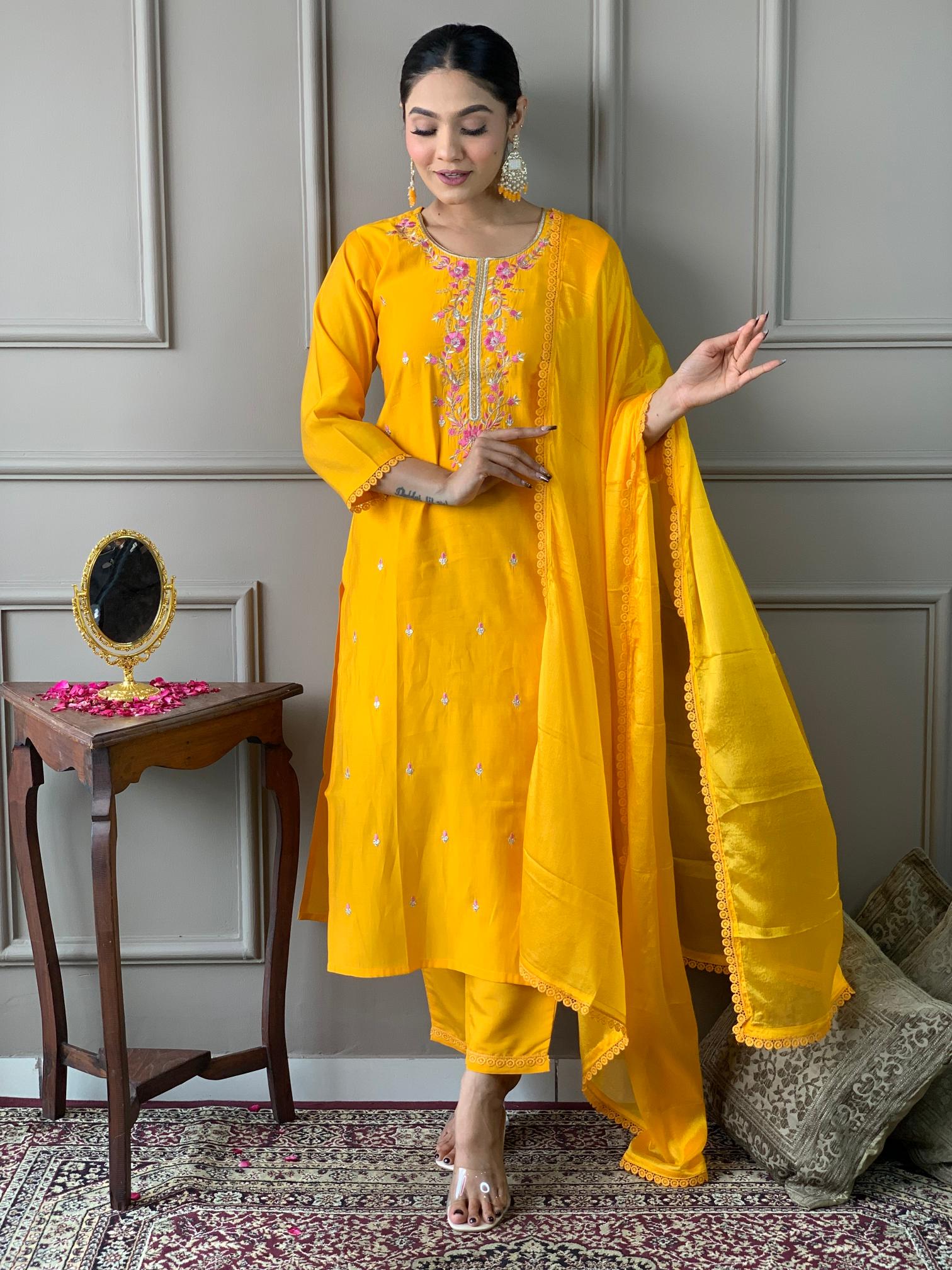 Women's Round Neck Embroidered Work, Chanderi Fabric Kurta & Pant With Dupatta Set - Taantav