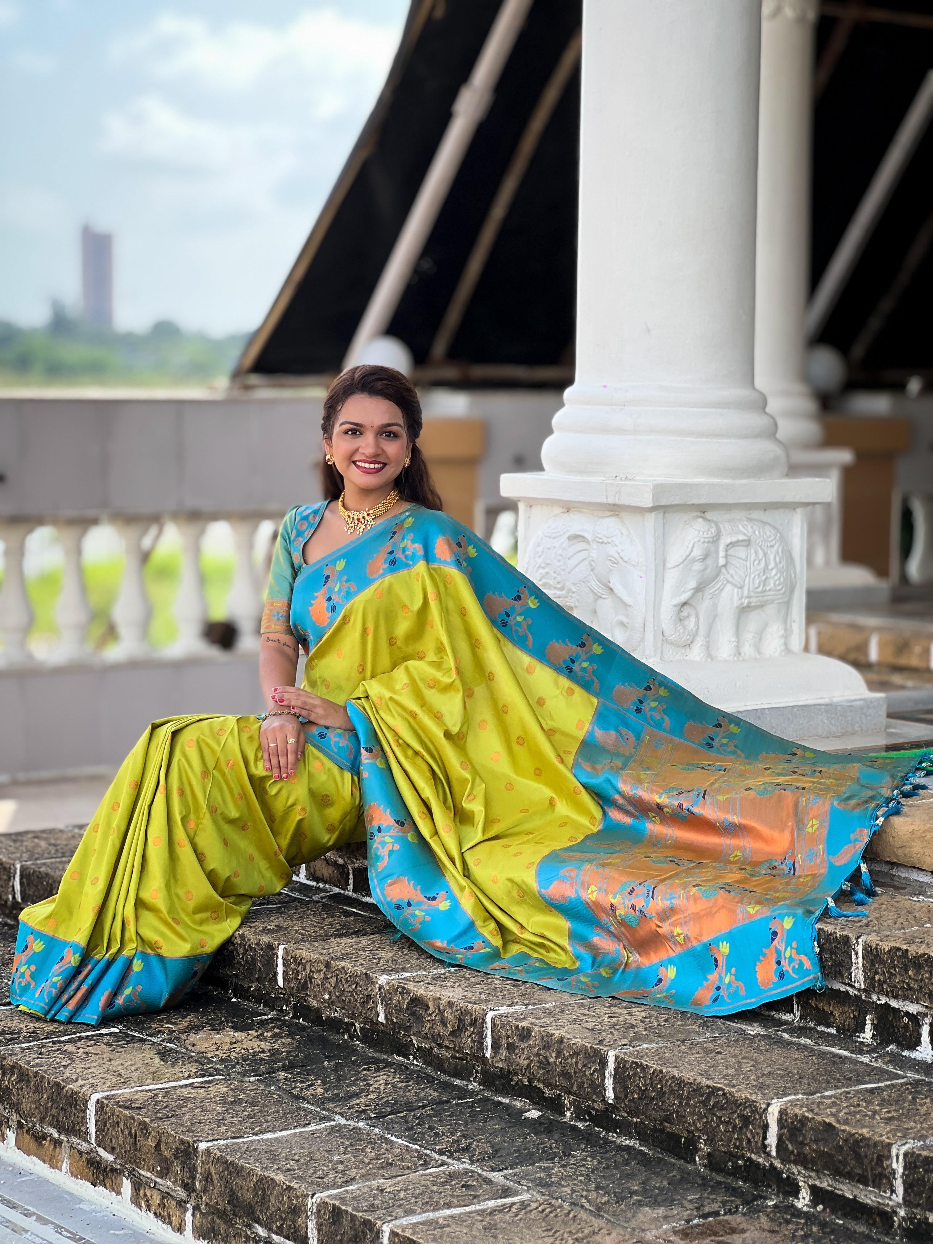 Women's Pista Pethani silk Zari Weaving Motifs saree - Pramukh Fab