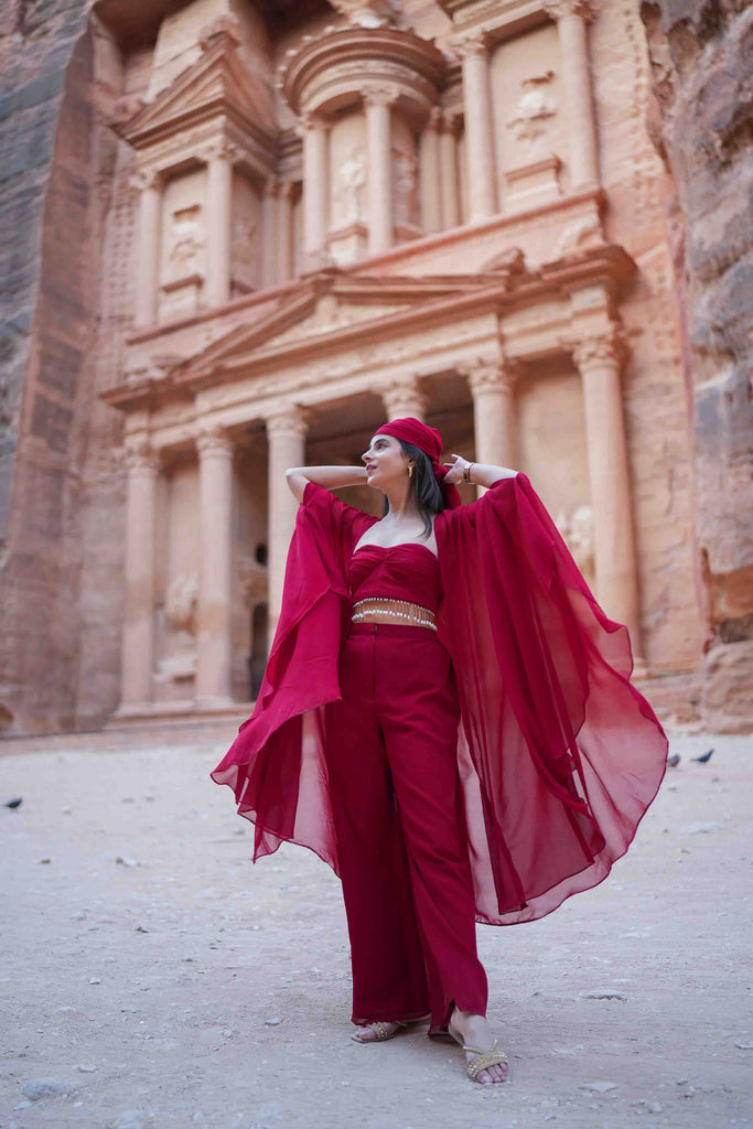 Women's Maroon Co Ord Set With Jacket