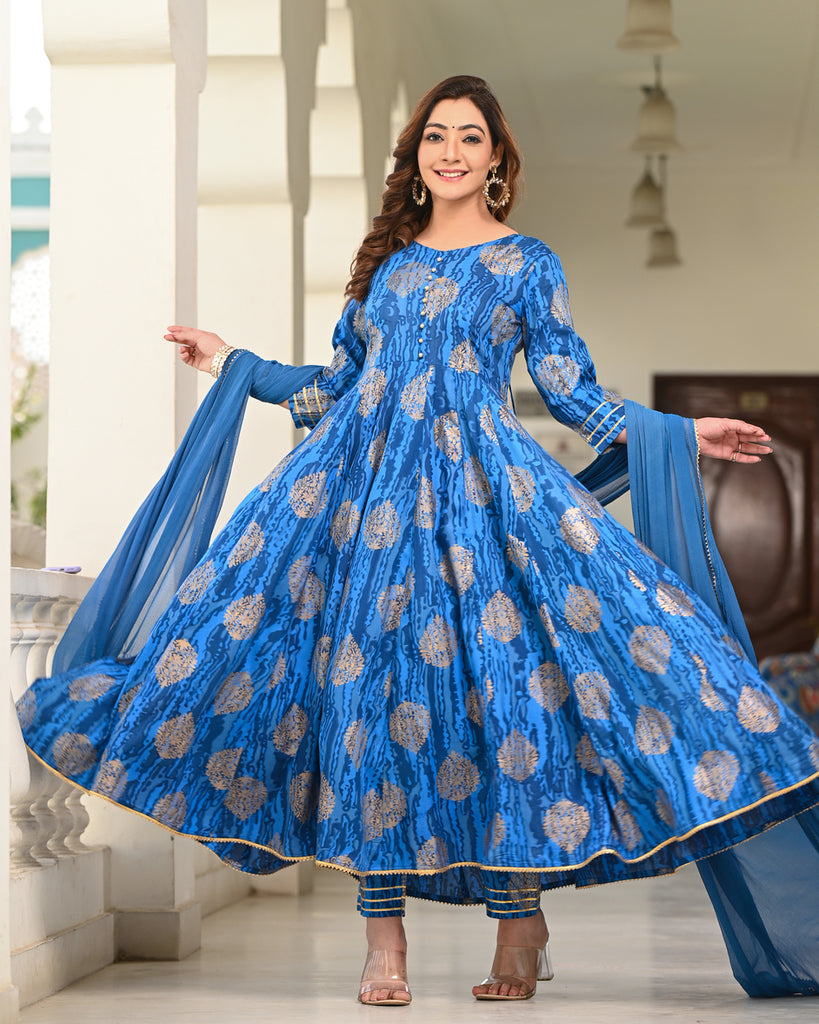 Women's Blue Rayon Printed Anarkali Kurta