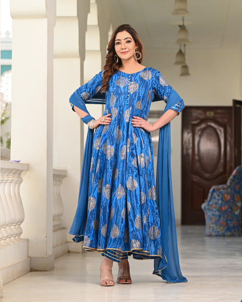 Women's Blue Rayon Printed Anarkali Kurta