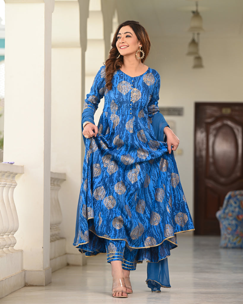 Women's Blue Rayon Printed Anarkali Kurta