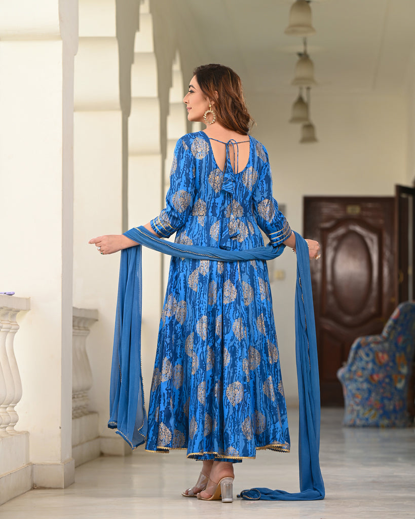 Women's Blue Rayon Printed Anarkali Kurta