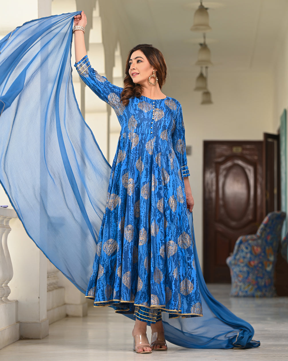 Women's Blue Rayon Printed Anarkali Kurta - Indi Inside