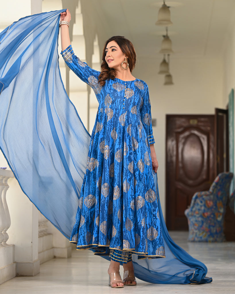 Women's Blue Rayon Printed Anarkali Kurta