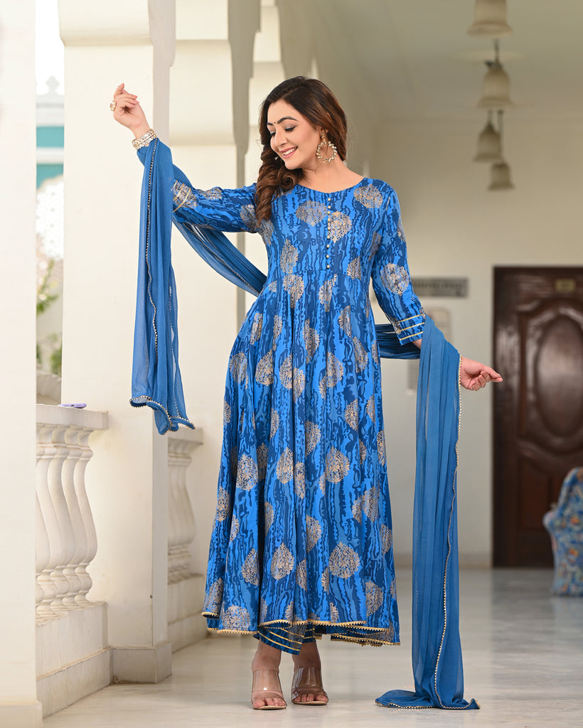 Women's Blue Rayon Printed Anarkali Kurta
