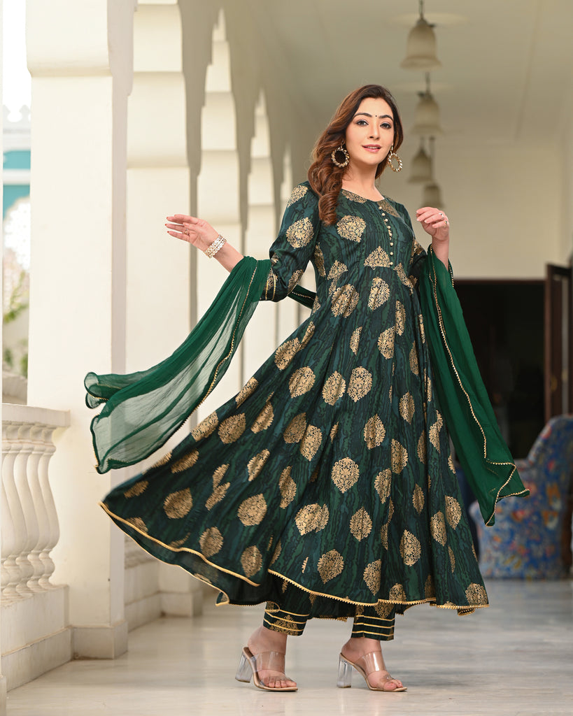 Women's Green Rayon Printed Anarkali Kurta