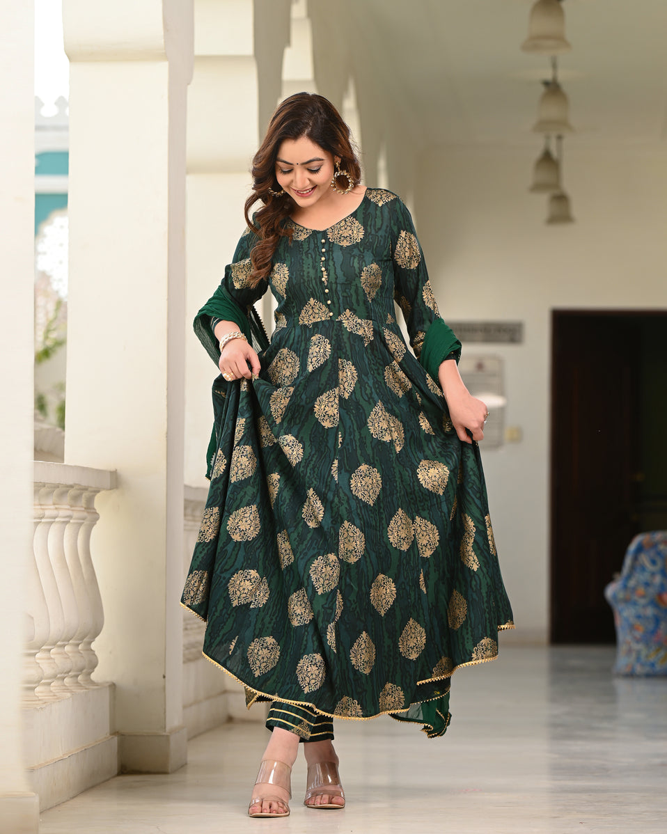 Women's Green Rayon Printed Anarkali Kurta - Indi Inside