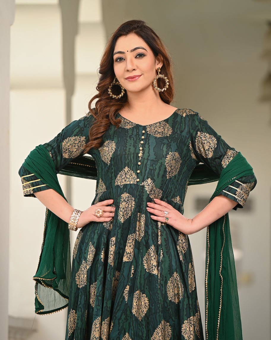 Women's Green Rayon Printed Anarkali Kurta - Indi Inside