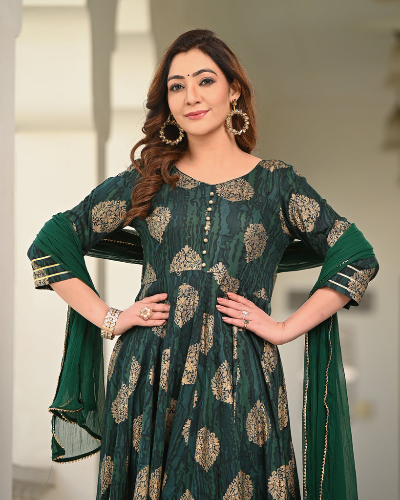 Women's Green Rayon Printed Anarkali Kurta