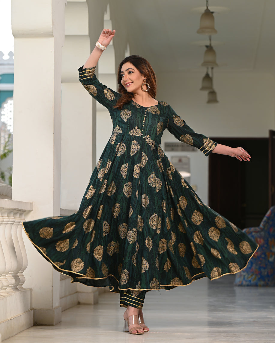 Women's Green Rayon Printed Anarkali Kurta - Indi Inside