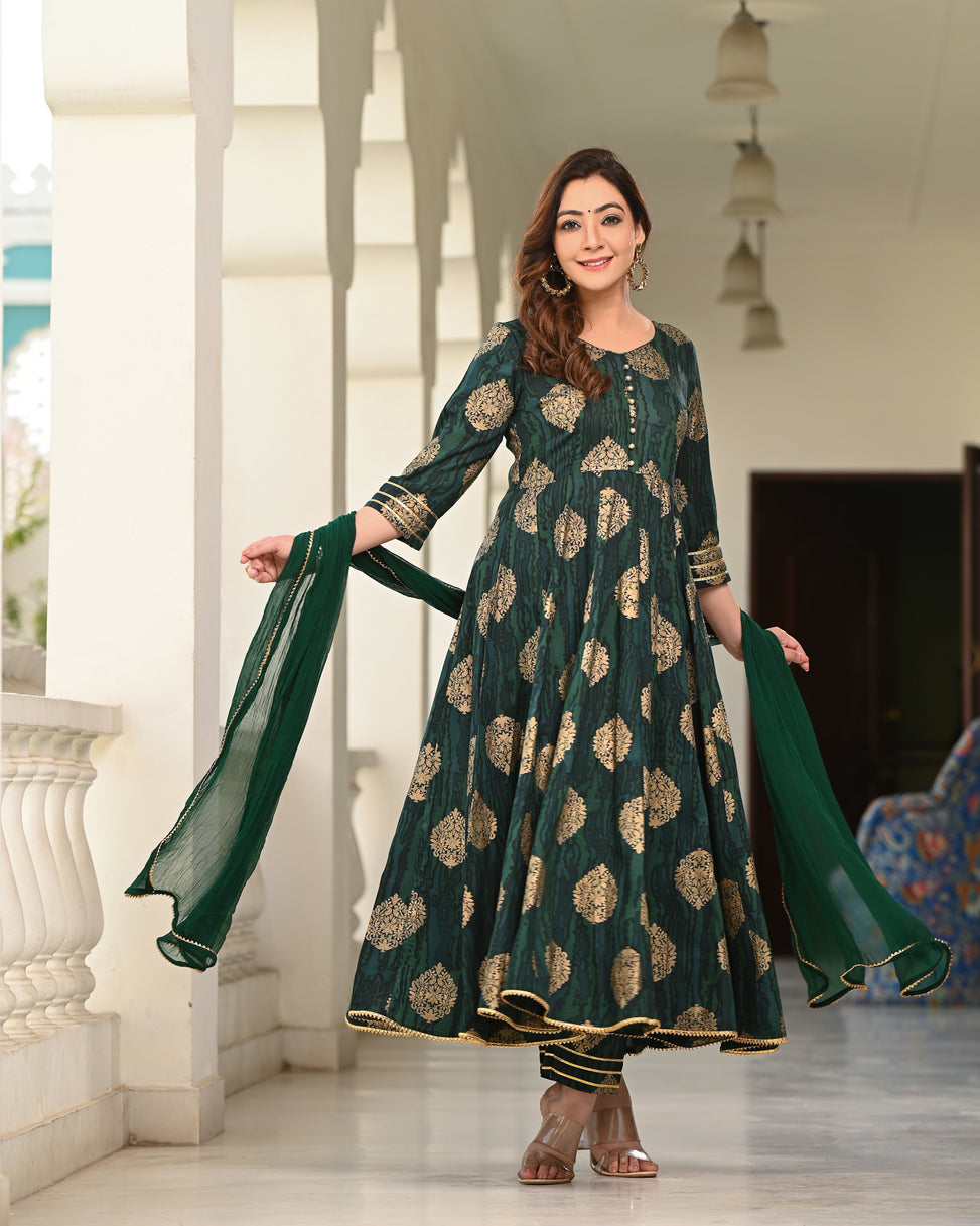 Women's Green Rayon Printed Anarkali Kurta - Indi Inside