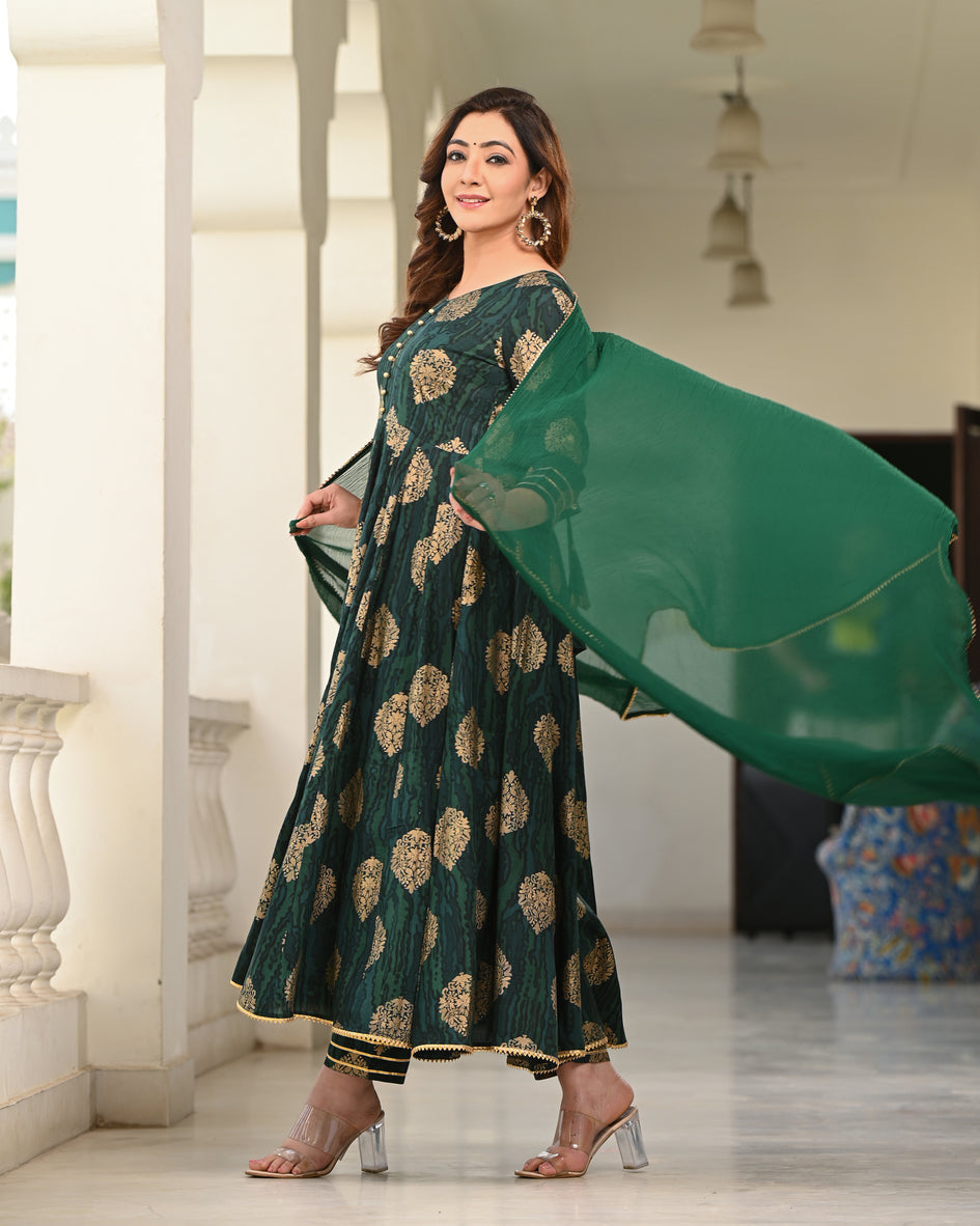 Women's Green Rayon Printed Anarkali Kurta - Indi Inside