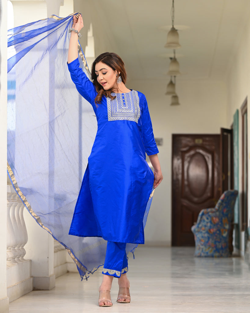 Women's Blue Silk Embroidered Kurta Pant Set With Dupatta