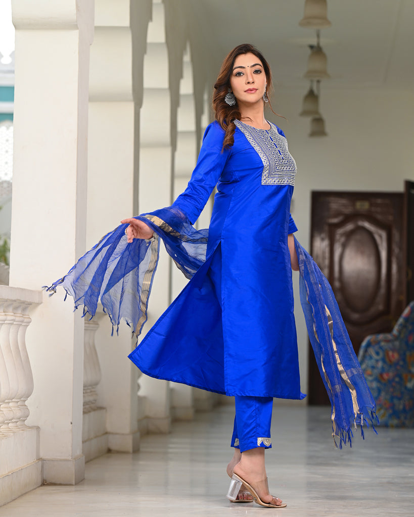 Women's Blue Silk Embroidered Kurta Pant Set With Dupatta
