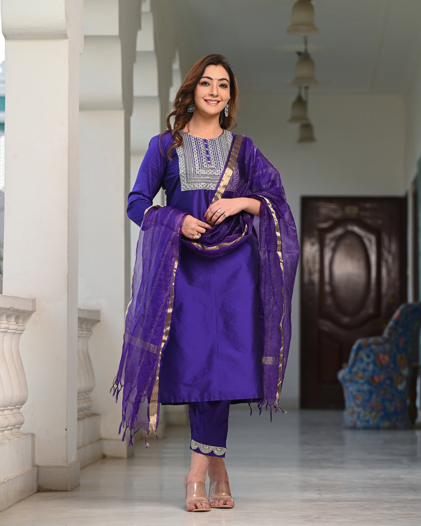Women's Purple Silk Embroidered Kurta Pant Set With Dupatta