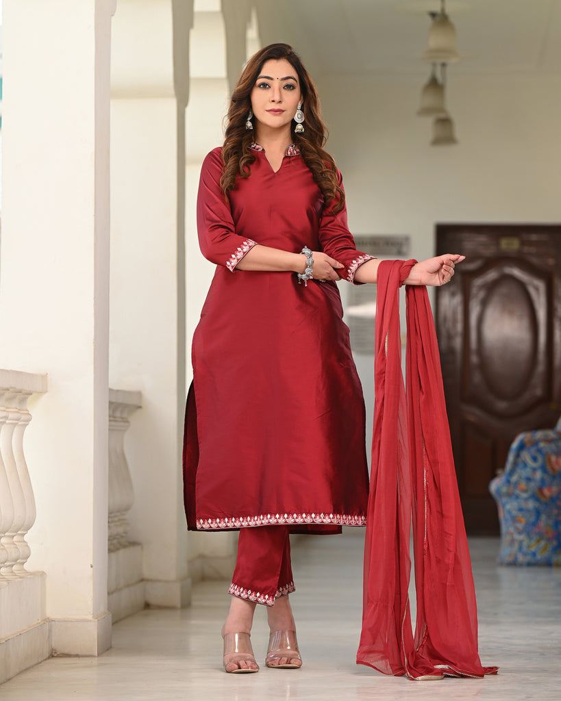Women's Maroon Silk Embroidered Kurta Pant Set With Dupatta