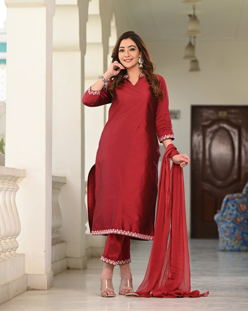 Women's Maroon Silk Embroidered Kurta Pant Set With Dupatta
