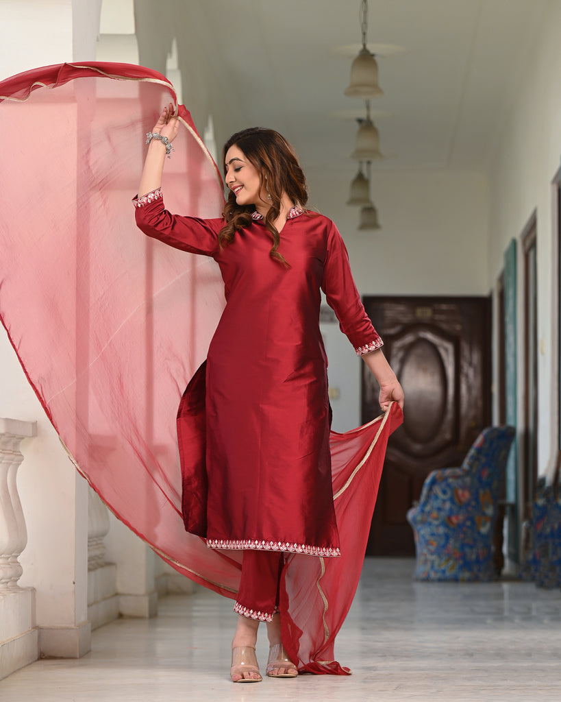 Women's Maroon Silk Embroidered Kurta Pant Set With Dupatta