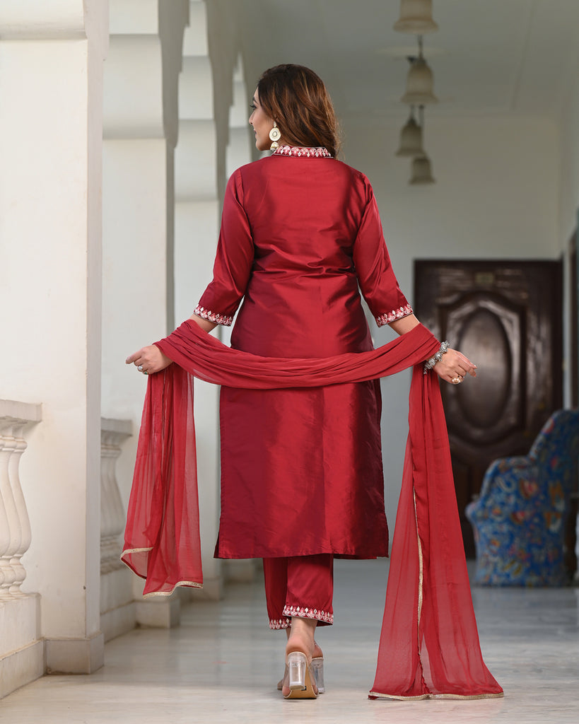 Women's Maroon Silk Embroidered Kurta Pant Set With Dupatta