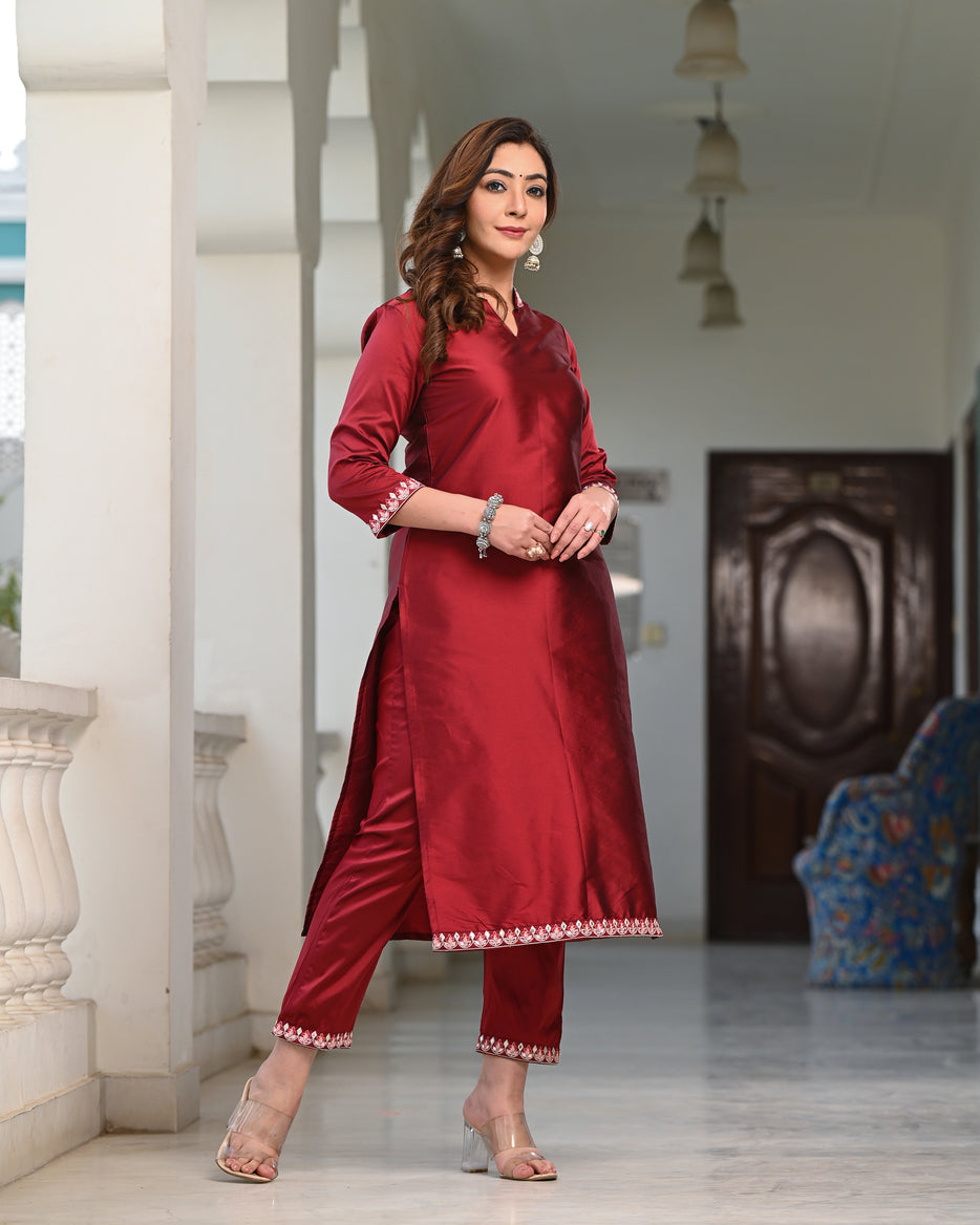 Women's Maroon Pure Silk Embroidered Kurta Pant Set With Dupatta - Indi Inside