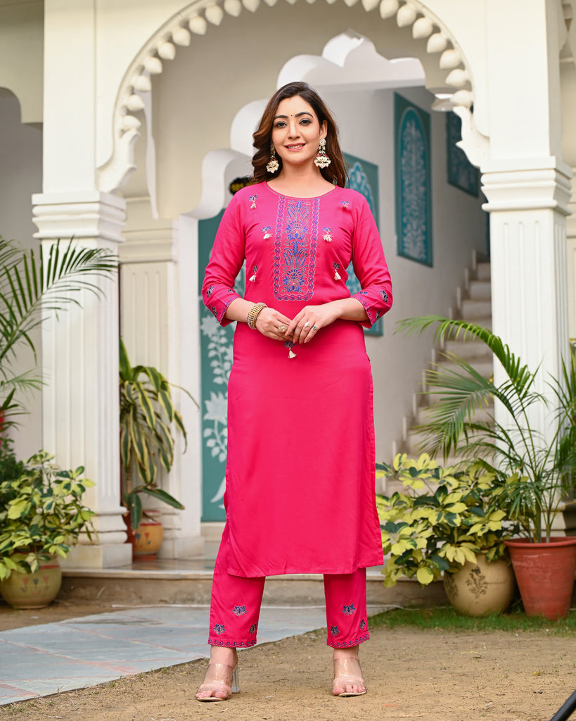 Women's Pink Viscose Rayon Embroidered Kurta Pant Set With Dupatta
