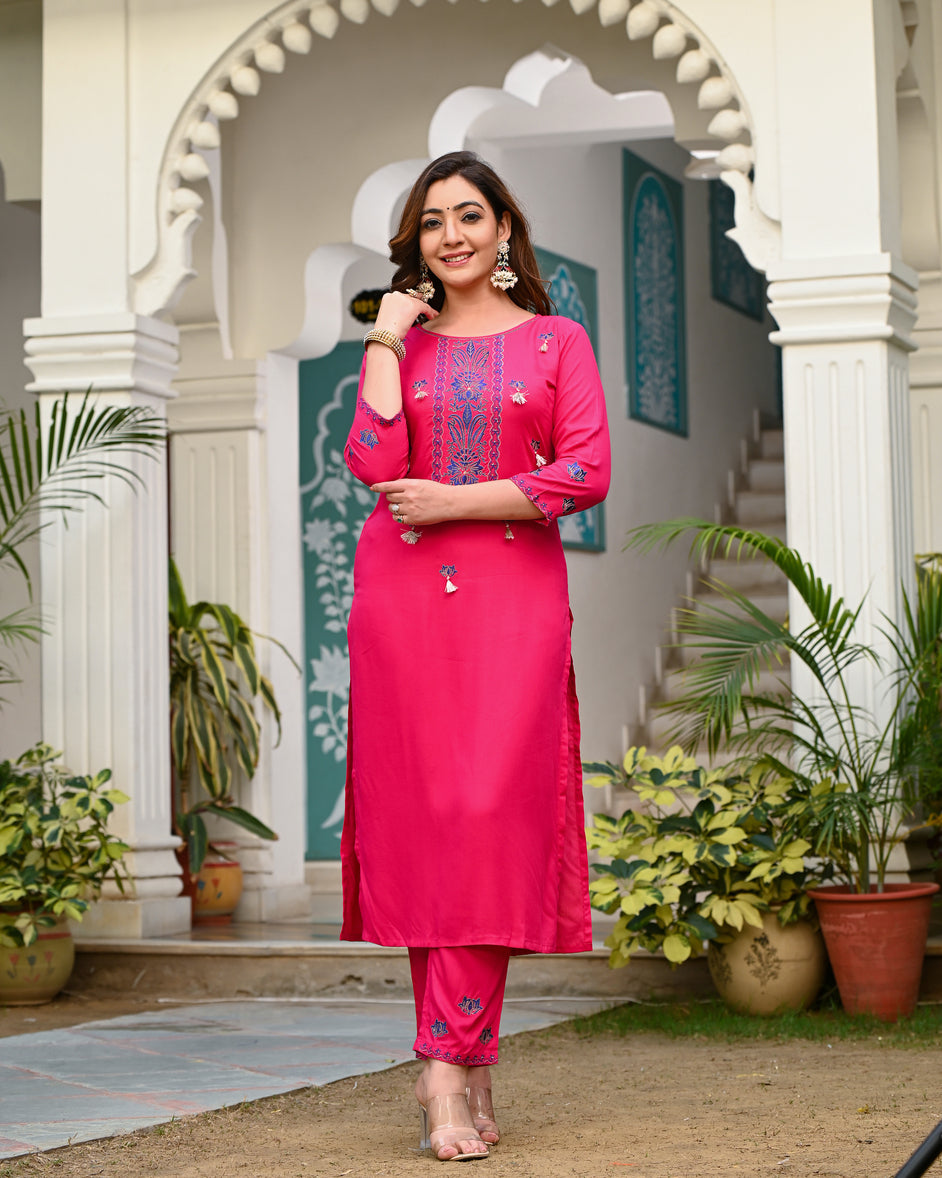 Women's Pink Viscose Rayon Embroidered Kurta Pant Set With Dupatta - Indi Inside