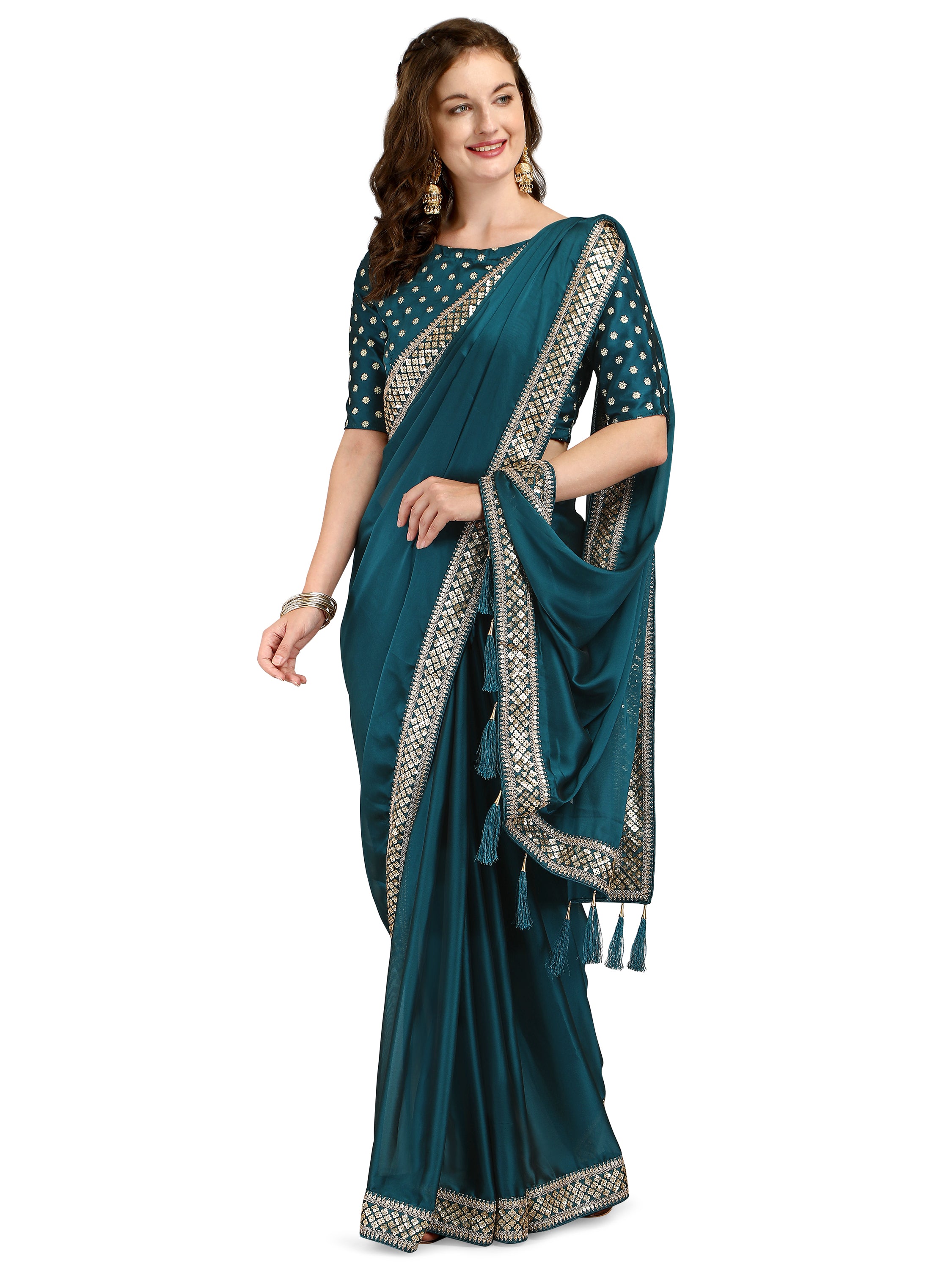 Women's Sequin Work Border Wedding Wear Pure Silk Saree With Blouse Piece (Blue) - NIMIDHYA