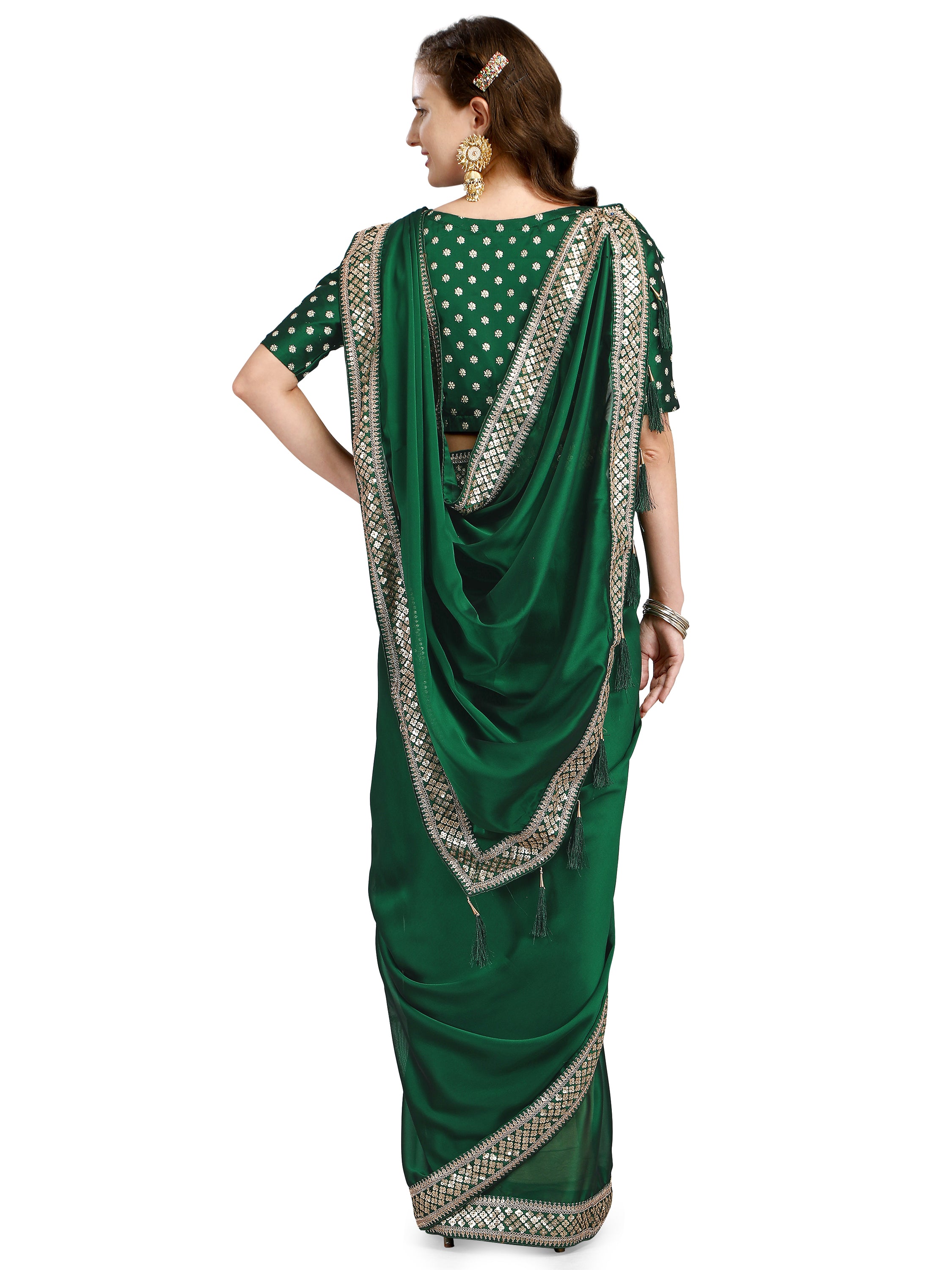 Women's Sequin Work Border Wedding Wear Pure Silk Saree With Blouse Piece (Green) - NIMIDHYA