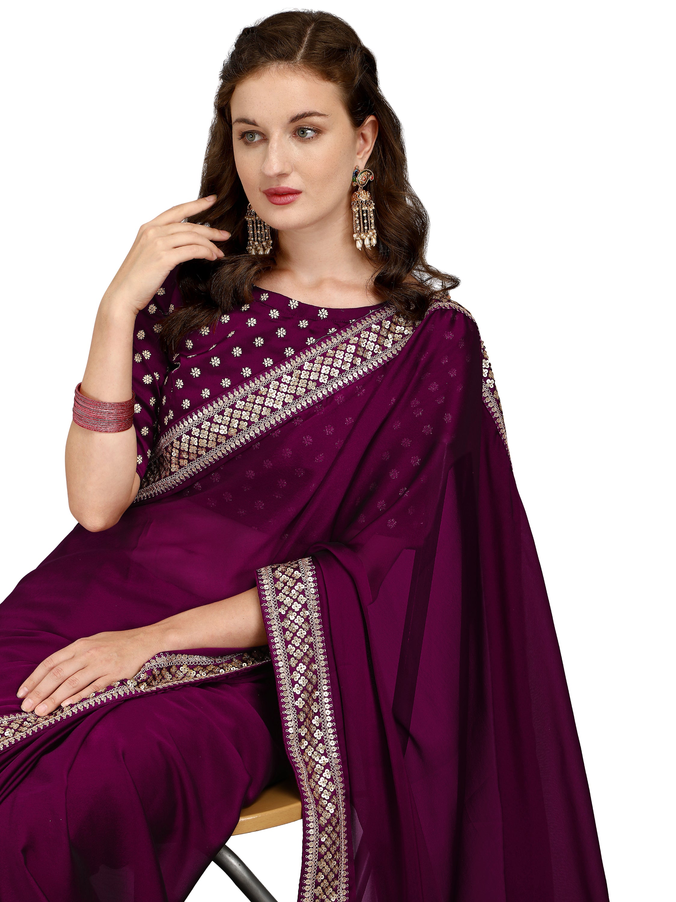 Women's Sequin Work Border Wedding Wear Pure Silk Saree With Blouse Piece (Purple) - NIMIDHYA