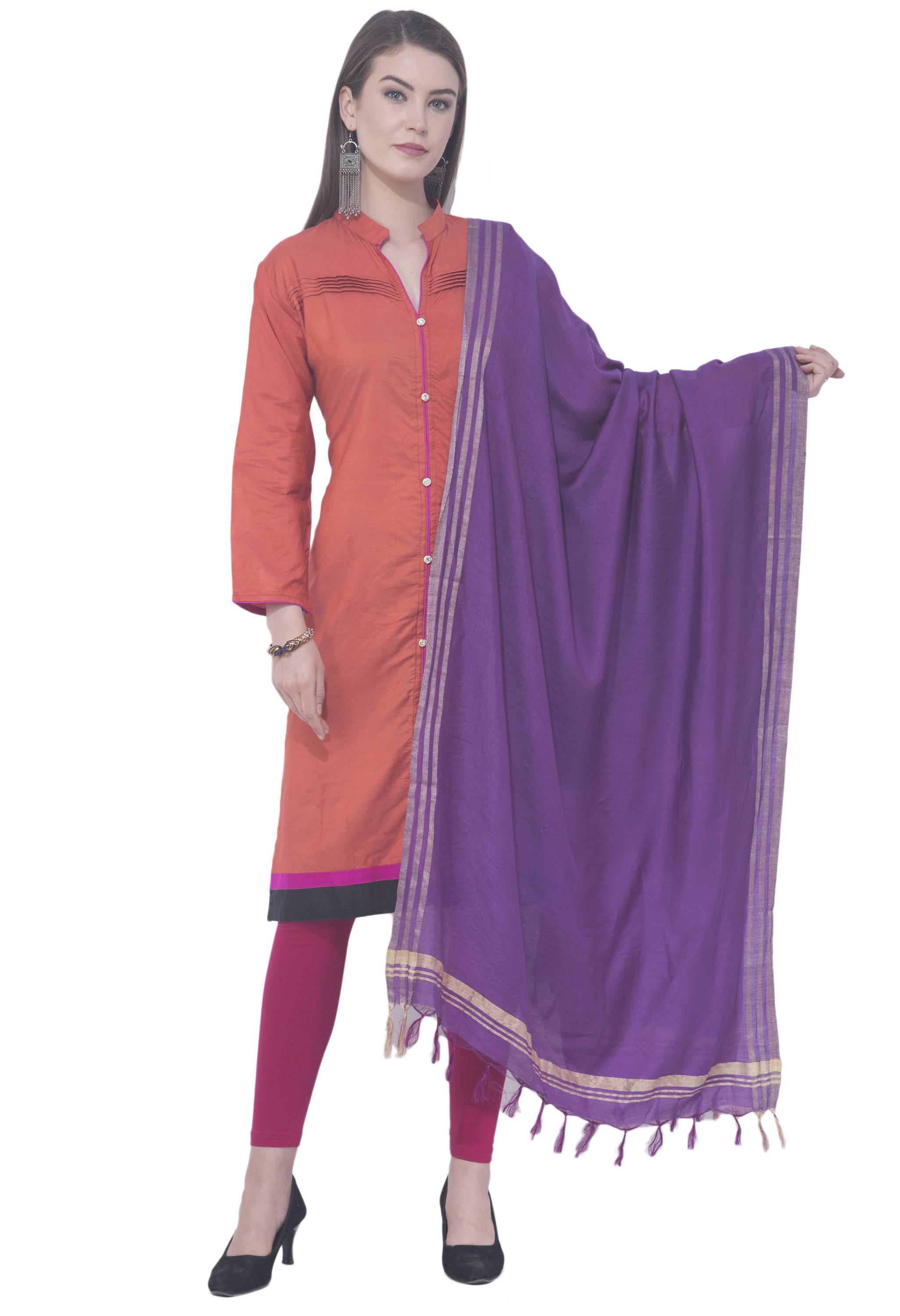 A R SILK Purple Color Golden border Cotton Dupattas
