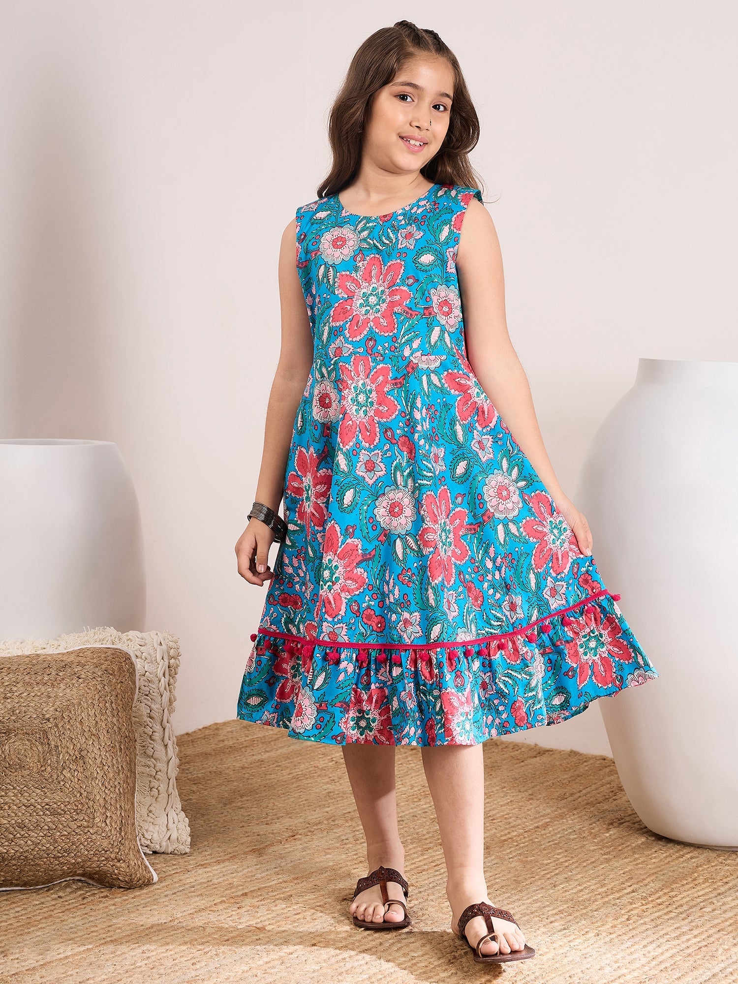Girls Floral Print A-Line Midi Dress - PS Peaches