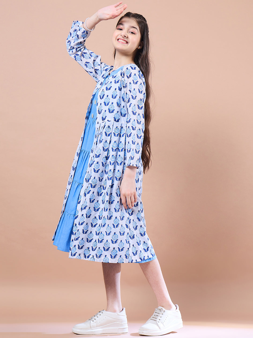 Girls Floral Print Round Neck Sleeveless Tiered Midi Fit Flared Cotton Dress - PS Peaches