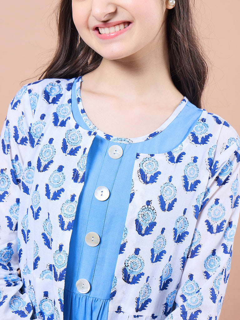 Girls Floral Print Round Neck Sleeveless Tiered Midi Fit Flared Cotton Dress