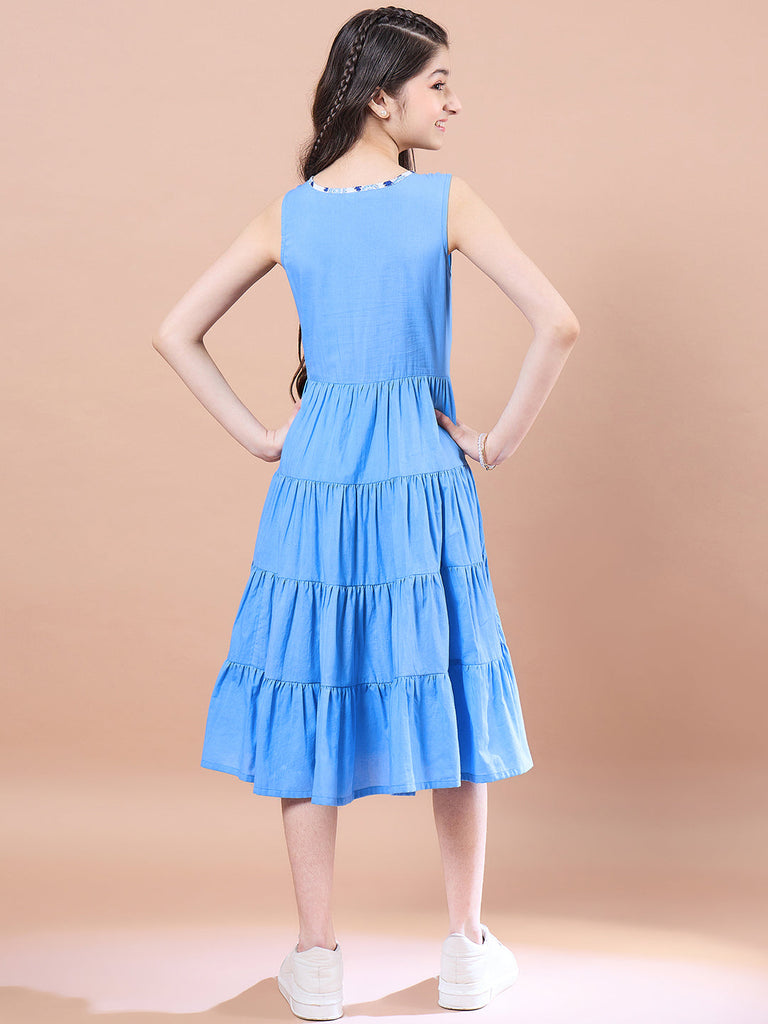 Girls Floral Print Round Neck Sleeveless Tiered Midi Fit Flared Cotton Dress