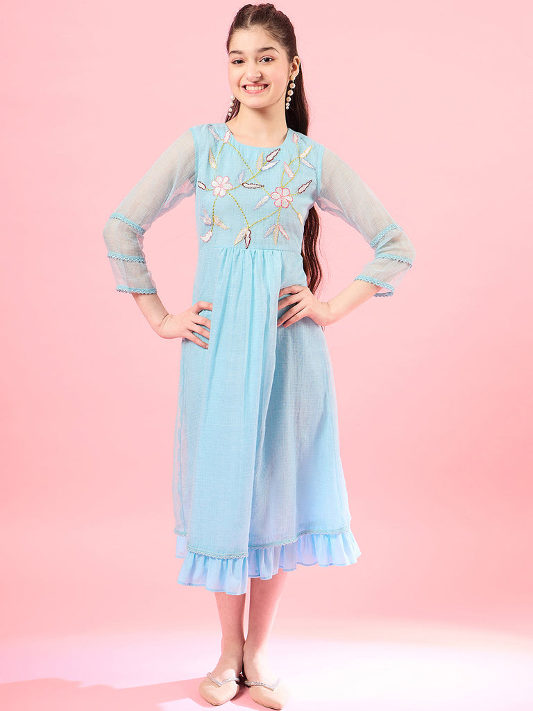 Girls Long Sleeves Round Neck Cotton Flare Midi Dress