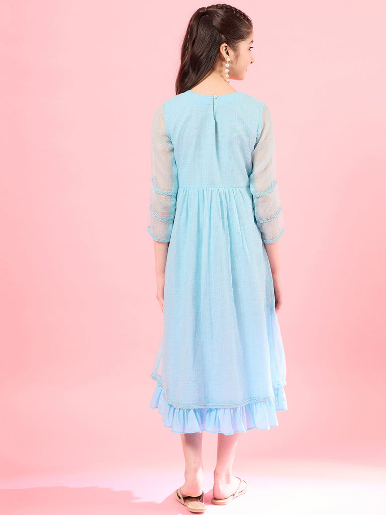 Girls Long Sleeves Round Neck Cotton Flare Midi Dress