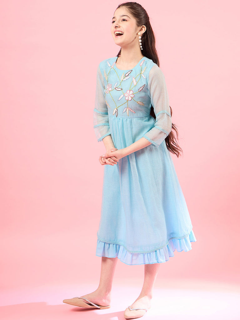 Girls Long Sleeves Round Neck Cotton Flare Midi Dress