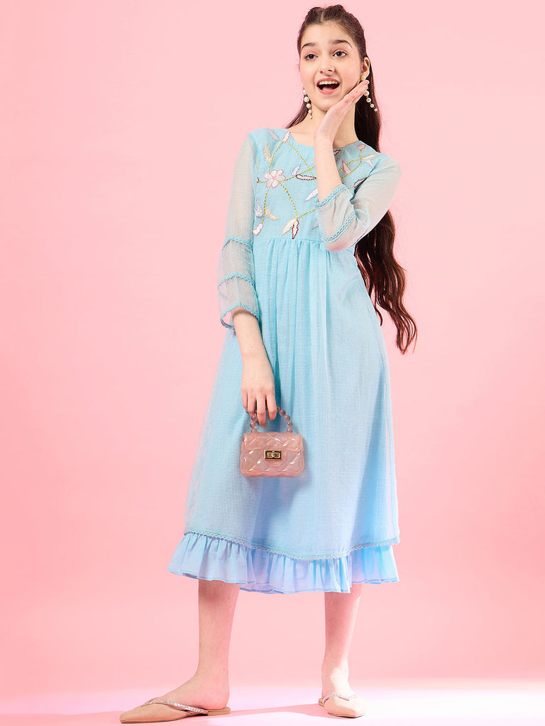 Girls Long Sleeves Round Neck Cotton Flare Midi Dress