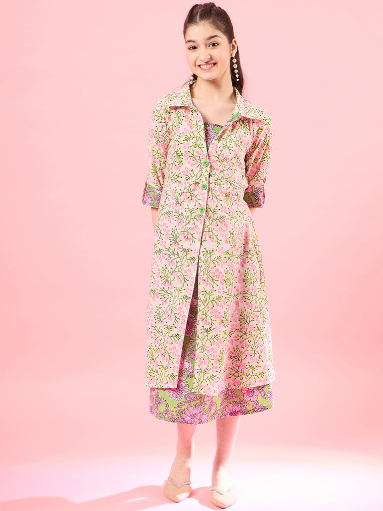 Girls Floral Print Square Neck Shoulder Straps Cotton A-Line Midi Dress