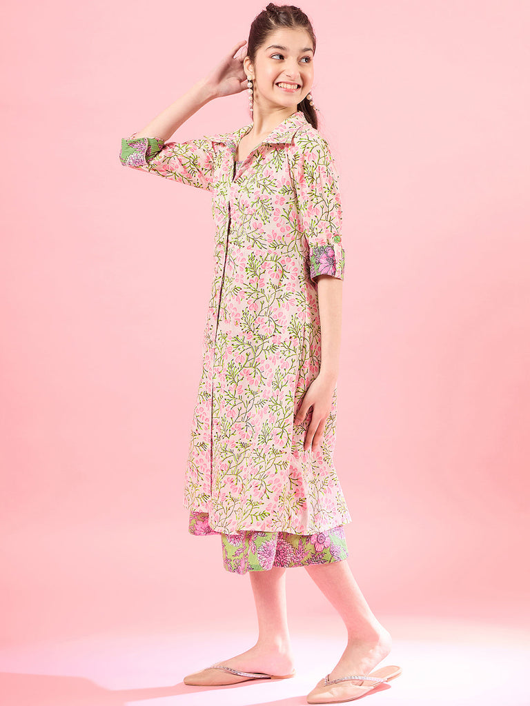 Girls Floral Print Square Neck Shoulder Straps Cotton A-Line Midi Dress