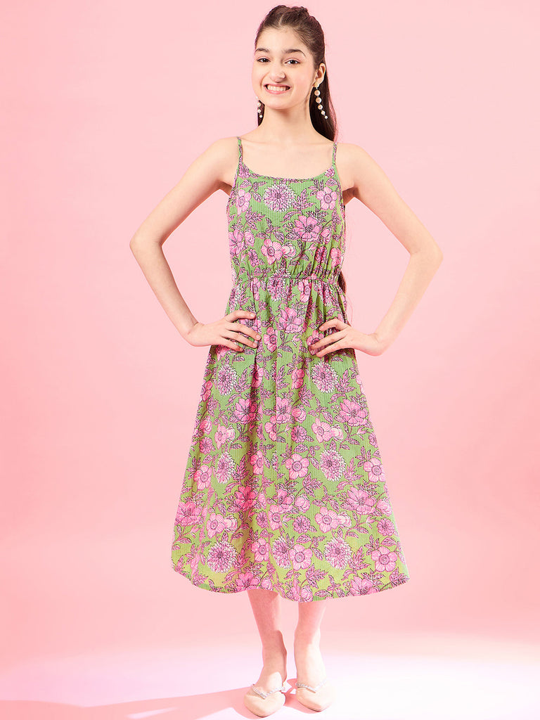 Girls Floral Print Square Neck Shoulder Straps Cotton A-Line Midi Dress