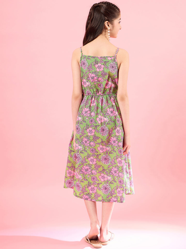 Girls Floral Print Square Neck Shoulder Straps Cotton A-Line Midi Dress