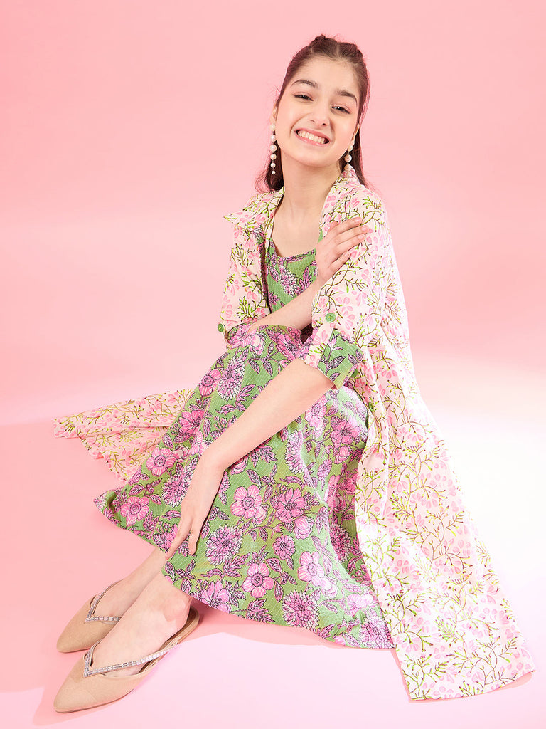 Girls Floral Print Square Neck Shoulder Straps Cotton A-Line Midi Dress