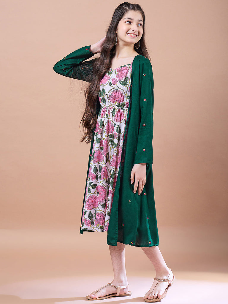 Girls Floral Print Square Neck Empire Cotton Midi Dress