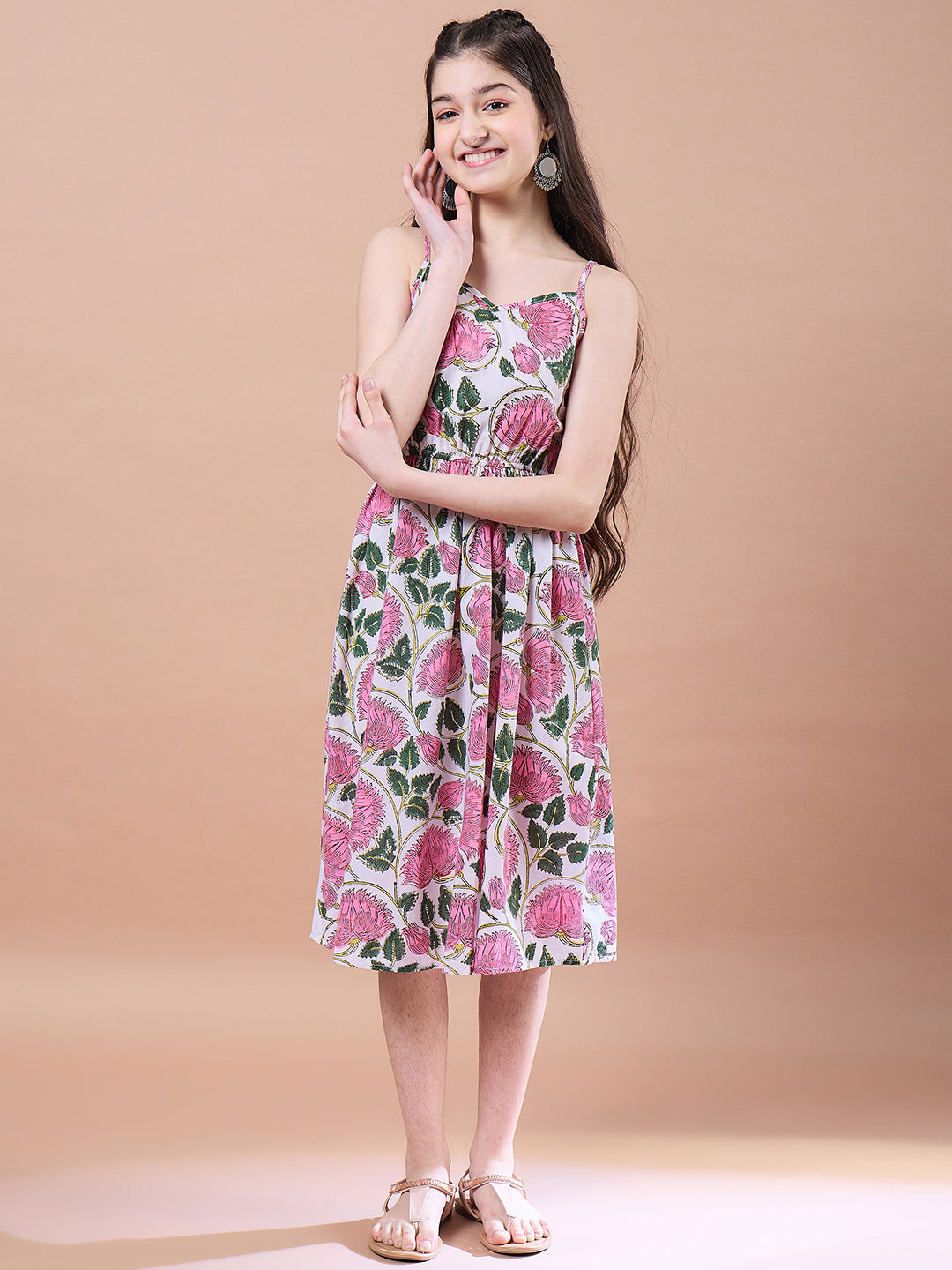 Girls Floral Print Square Neck Empire Cotton Midi Dress - PS Peaches